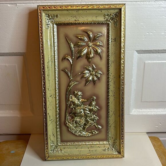 Vintage 1950s MCM Wall Decor Winter Fairies Pink Background and Gold Tone Frame - Picture 1 of 9